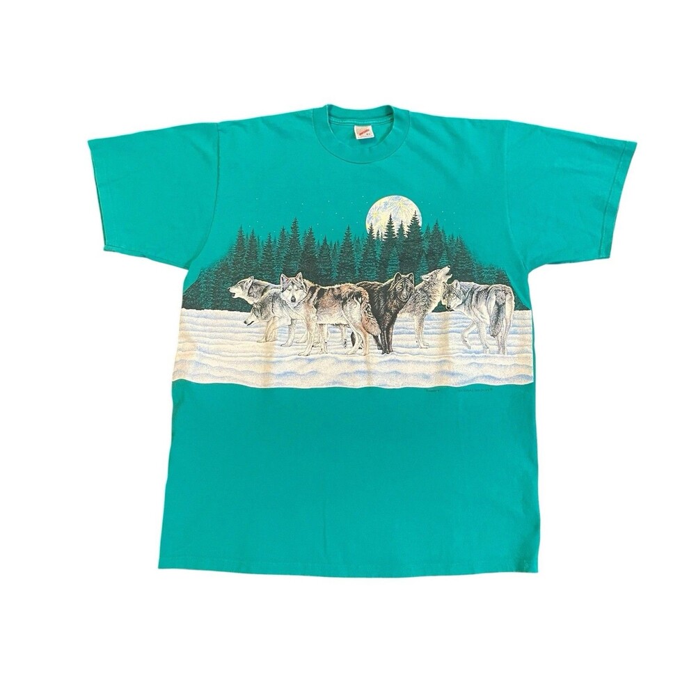 Vintage 90s National Wildlife Habitat Wolf AOP Blue Graphic T Shirt Size XL USA